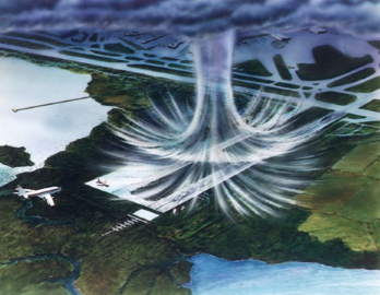  Illustration d'une microrafale. L'air se déplace vers le bas jusqu'à atteindre le sol. Il se répand ensuite dans toutes les directions. Le régime des vents dans une microrafale est opposé à celui d'une tornade. 